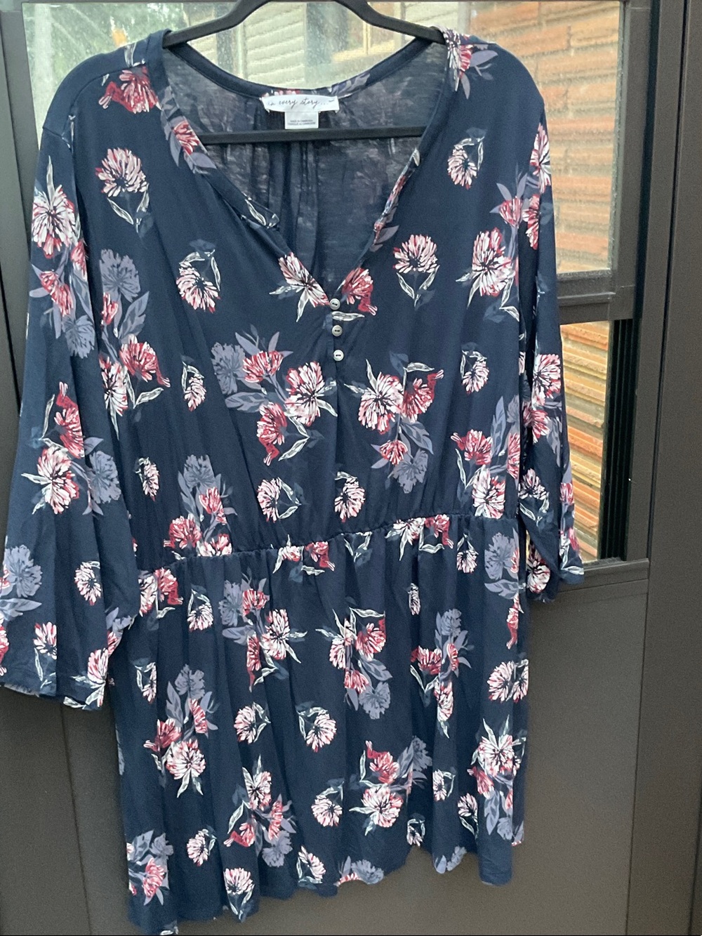 Penningtons Navy Floral Henley Tunic with Pink & Light Gray Blooms